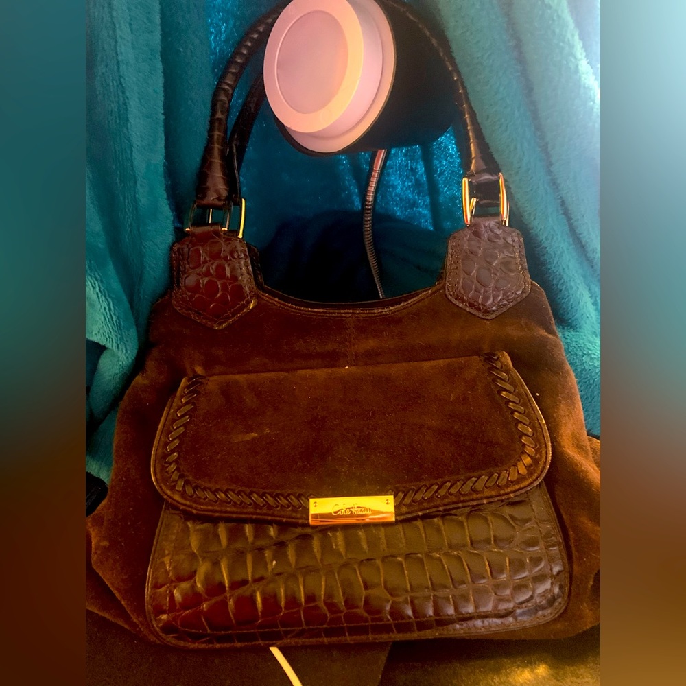 Cole Haan Suede top handle bag in brown suede.